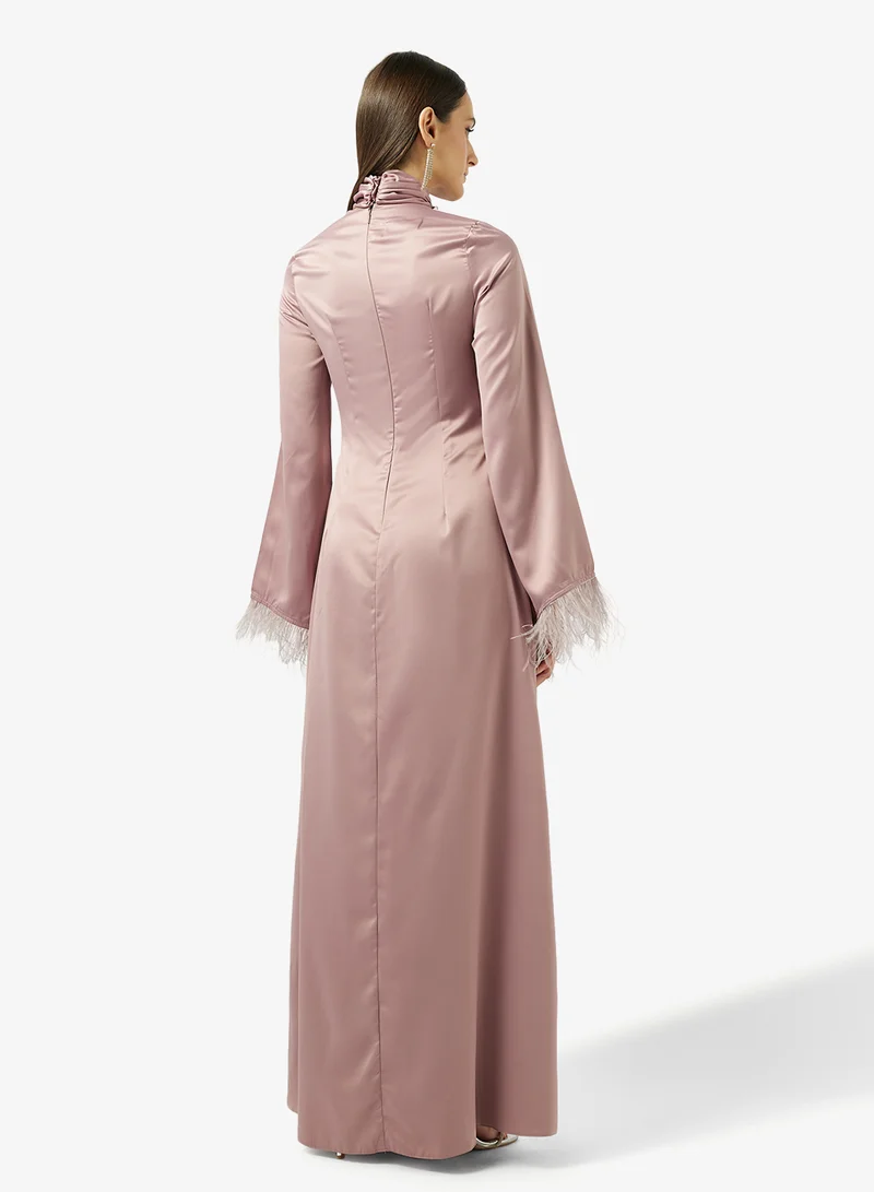 Namshi x  High Neck Evening Gown With Feather Trim for Women | Best Price UAE